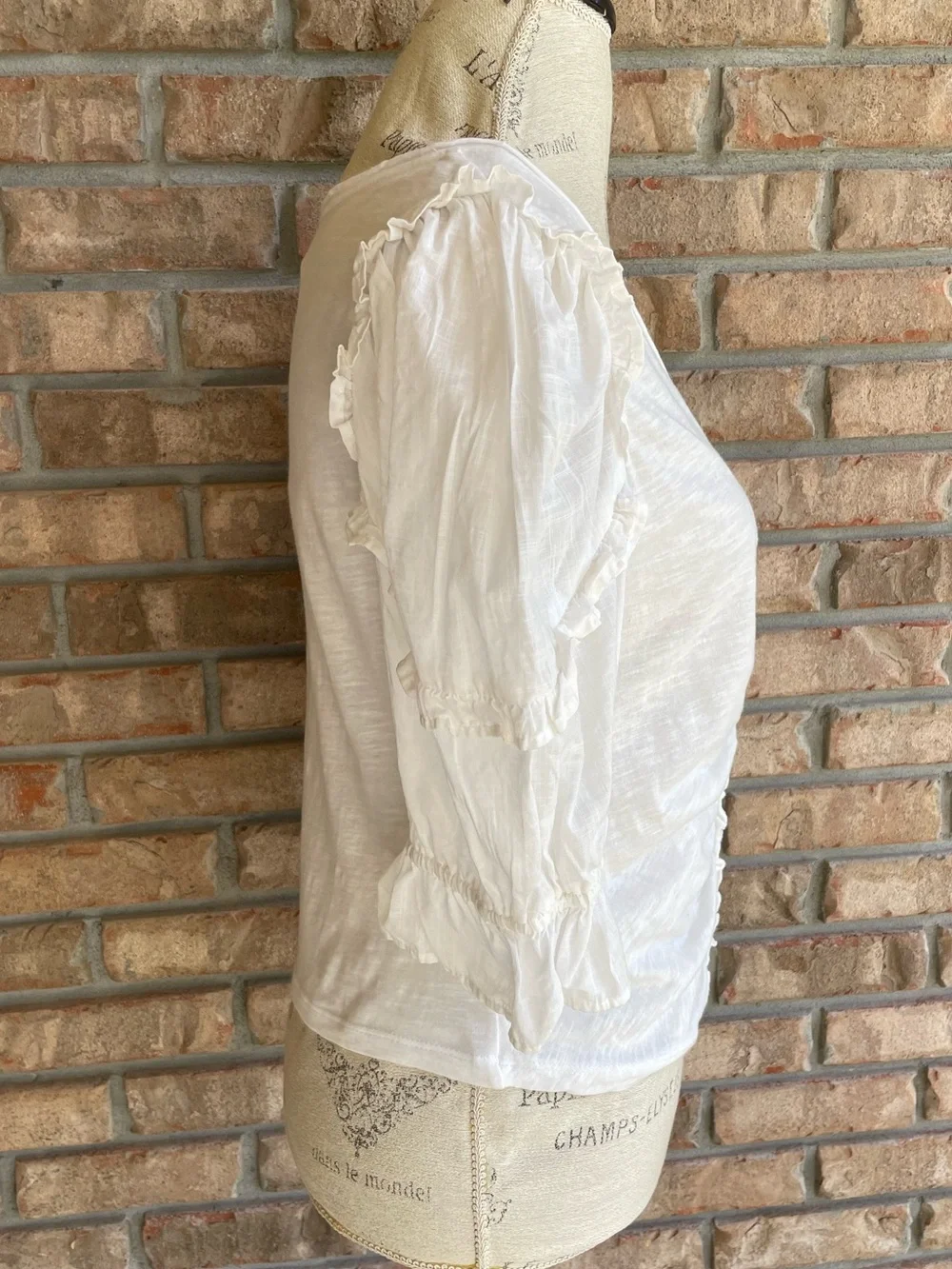 Anthropologie White Ruched V-Neck Puff Sleeve Top